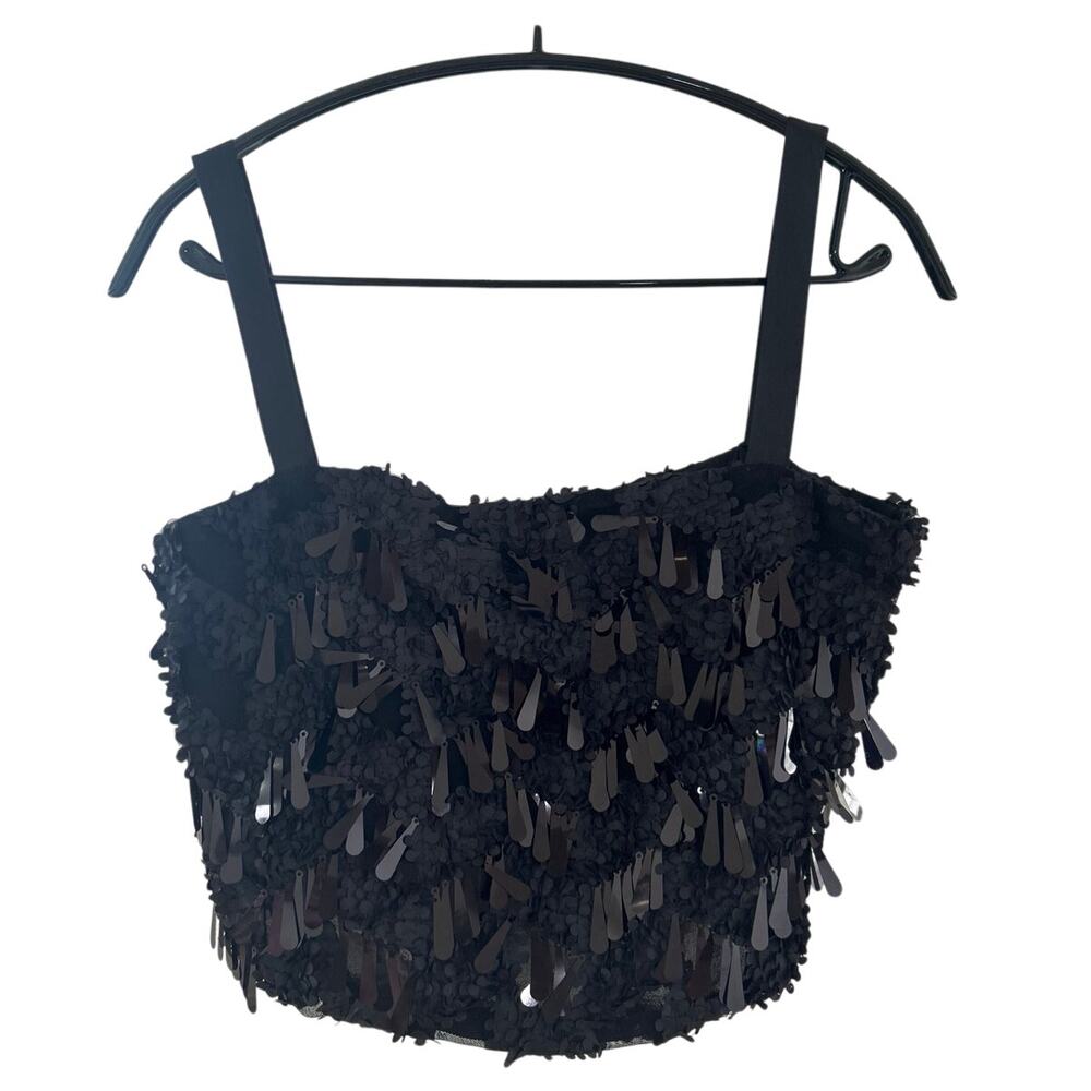 Zara Scallop Sequin Black Cropped Textured Tank Top